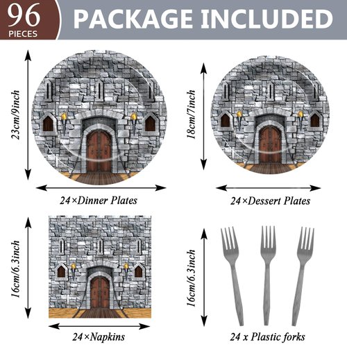 96PCS Medieval Party Plates and Napkin Castle Party Decorations Castle Knight Birthday Party Dessert Plates Medieval Themed Tableware Set for 24 Guests Kids Birthday Baby Shower Party Supplies