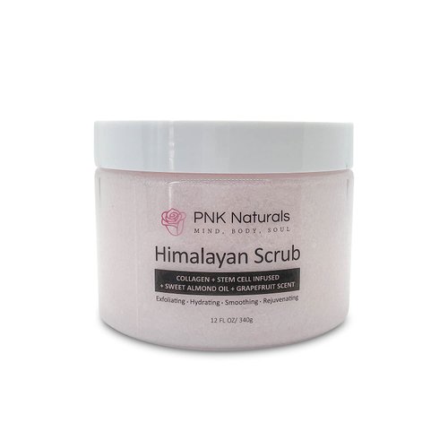 PNK Naturals Himalayan Salt Body Scrub Polish Infused with Collagen+Stem Cell+Sweet Almond Oil+Grapefruit Scent- Natural Exfoliating Salt Scrub for Acne, Cellulite, Deep Cleansing, Scars, Wrinkles, Exfoliate and Moisturize Skin 12 oz