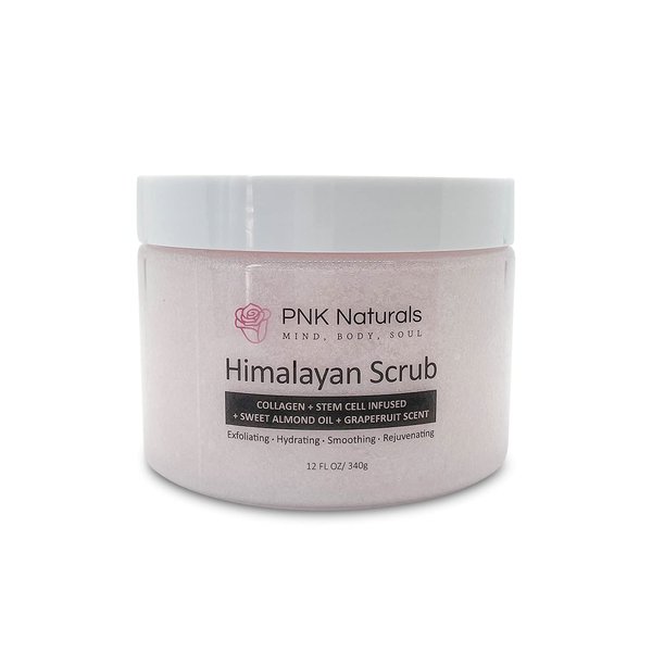 PNK Naturals Himalayan Salt Body Scrub Polish Infused with Collagen+Stem Cell+Sweet Almond Oil+Grapefruit Scent- Natural Exfoliating Salt Scrub for Acne, Cellulite, Deep Cleansing, Scars, Wrinkles, Exfoliate and Moisturize Skin 12 oz