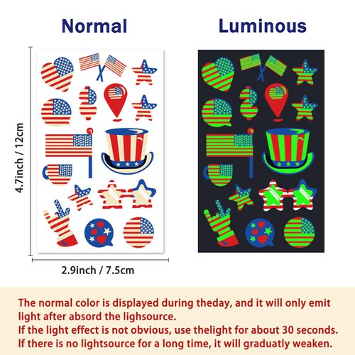Glow Independence Day Temporary Tattoo, 4th of July Face Sleeve Tattoo, Luminous 36 Sheets American Flag Fake Tattoos, Red White and Blue Party Supplies, Memorial Day, Labor Day Patriotic Tattoos