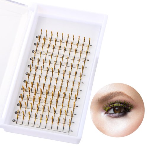 Glitter Lash Extensions, UHOMENY False Lashes for Eyelash Extensions D Curl Cosplay Eye Lashes Single Lash Spike Eyelash Extension Party Makeup Eyelashes, Mix 11-16mm (golden)