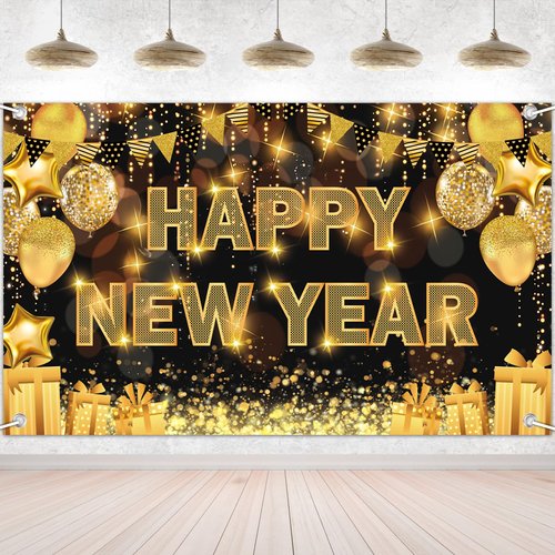 Happy New Year Decorations 2025, 71 * 44IN Happy New Year Banner 2025 Happy New Year Backdrop Party Supplies for Black and Gold New Years Eve Party Decorations 2025