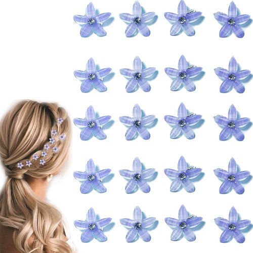 MOODKEY 20PCS Mini Flower Hair Clips with Rhinestone, Cute Flower Hair Clips Wedding Hair Pins Flower Crystal Hair Accessories for Women Girls Wedding Clip Bridesmaid Party Ceremony (Purple)