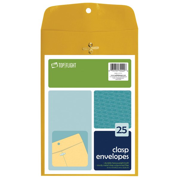Top Flight Clasp Envelopes, Gummed and Clasped Closure, 6 x 9 Inches, Brown Kraft, 25 Envelopes per Pack (6911114)