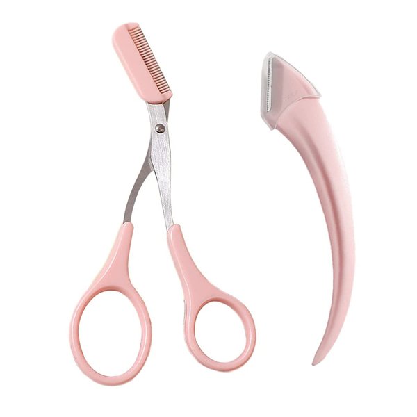 VOMGLIDE Eyebrow Trimmer Scissors Eyebrow Razor Set, Professional Precision Eyebrow Scissors with Comb, Small Eyebrow Razor Face Hair Removal Tool for Women, Pink