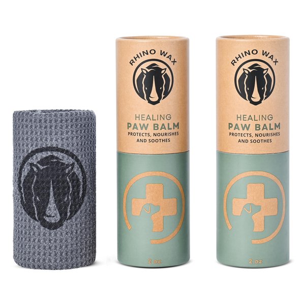 Rhino Wax - Healing Dog Paw Balm Multi-Pack (2-2oz Tubes + Microfiber Cloth) - Moisturizer, Soother, and Pain Relief for Dry, Cracked, or Irritated Dogs Paws - Natural - Lick-Safe - Made in USA