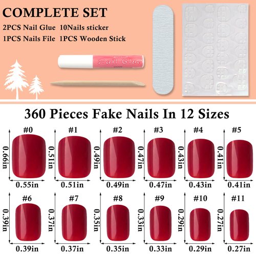 LoveOurHome 360pc Square Press on Nails Short Fake Nails Red Acrylic Press on Nails Square Nail Tips Full Cover Glue Nails Christmas Short Press False Nails with Glue Adhesive Tabs for Women Girls