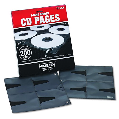 Vaultz CD Binder Pages, 8 CD Capacity per Sheet, 25 Sheets per Box, Clear and Black (VZ01401)