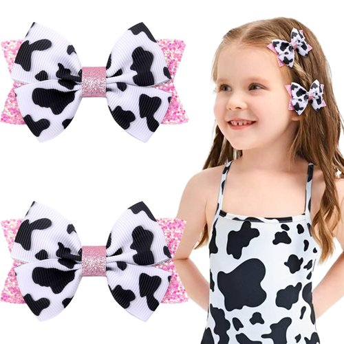 2PCS Cow Print Hair Bow Clips for Girls, Cute Moo Cow Bows Pink Grosgrain Ribbon Alligator Clips Hair Accessories for Toddler Infant Children kids Women Girls Cow Print Birthday Party Decorat (Type A)