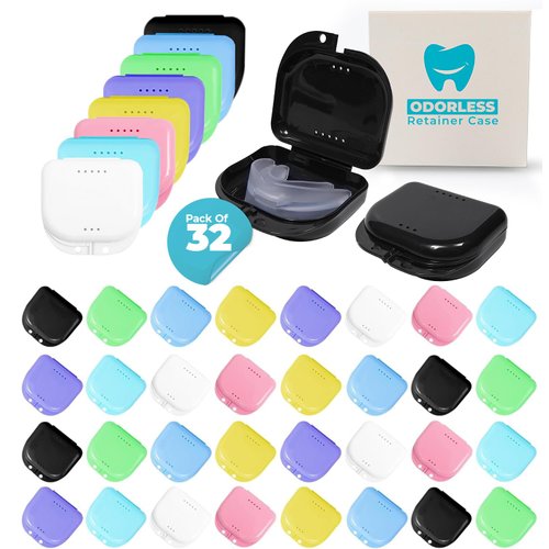 Mrs. Odonto Orthodontic 32 Pcs Retainer Case - Mouth Guard Case Holder with Vent Holes - Cute Denture case with Tight Snap Lock-Durable Retainer Container case for Travel, Household & Office