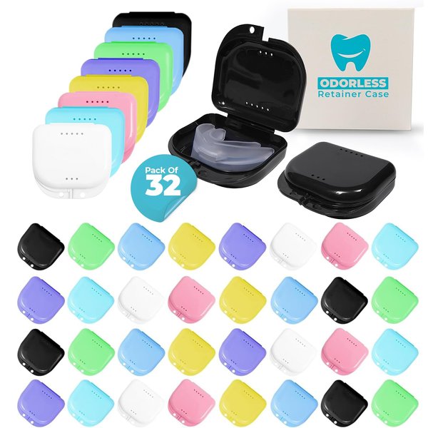 Mrs. Odonto Orthodontic 32 Pcs Retainer Case - Mouth Guard Case Holder with Vent Holes - Cute Denture case with Tight Snap Lock-Durable Retainer Container case for Travel, Household & Office