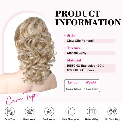 REECHO 12" Ponytail Extension, Classic Loose Curly Wavy Claw Clip Pony tails Hair Extensions Hairpieces for Women - Medium Blonde