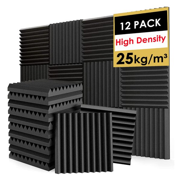FONESO Acoustic Panels High Density Soundproof Foam Panels for Walls, Sound Absorbing Panels, Acoustic Foam Panels Fire Resistant for Studio Recording 1"x12"x12" (12Pack), Black