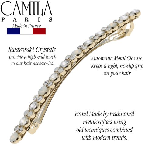 Camila Paris GA266 4.25 Inch Skinny Hair Barrette Clip Gold with Multiple Rounds Swarovski Crystals Stones, French Hair Accessories for Women, Handmade. Styling Girls Hair Ornaments. Made in France