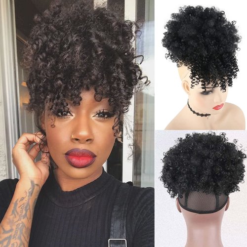 LEOSA Afro Puff Drawstring Ponytail Bun with Bangs Synthetic Short Kinky Curly Ponytail Updo Hair Extensions with Two Clips Natural looking Curly Women