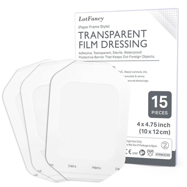LotFancy Transparent Film Dressing, 4” x 4 3/4”, 15PCS, Waterproof Wound Cover Bandage Tape for Swimming, Post Surgical, Scar Therapy, Medical Supplies, IV, Tattoo Dressings, Shower Protection