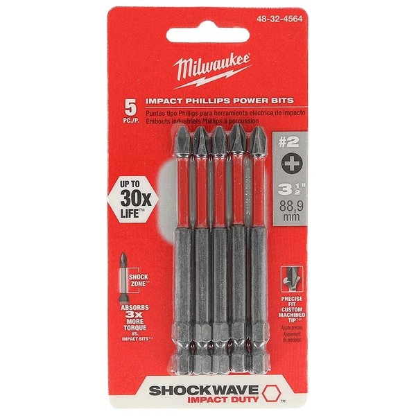 MILWAUKEE ELECTRIC TOOL 48-32-4564 Shockwave 3-1/2" Power Bit Phillips #2 5 Pack