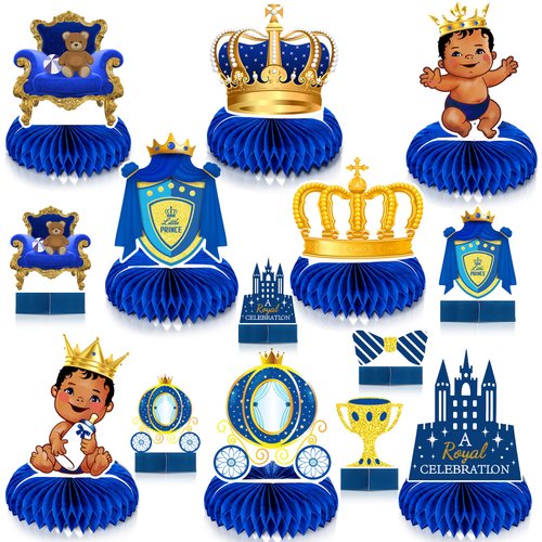 14 Pieces Royal Prince Themed Honeycomb Centerpiece Blue Little Prince Table Decoration African American Prince Birthday Baby Shower for Boy Kids' Party Supplies