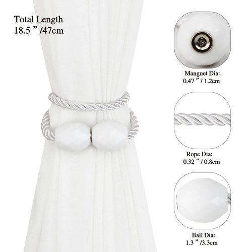 Porlau Strong Magnetic Curtain Tiebacks White 2 Pack Decorative Tie Backs Outdoor Curtain Rope Tiebacks Elegant Curtain Holdbacks for Drapes