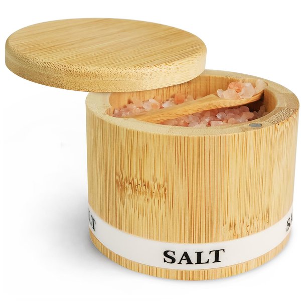ThougrLyh Salt Box Bamboo Salt Container with Swivel Lid and Spoon Small Spice Cellar with Label 8 oz Capacity salt Holder for Countertop with Magnetic to Easy Open and Seal