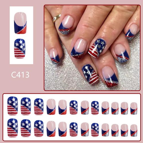 Medium Square Press on Nails French Tips Fake Nails Red and Blue Glitter Glue on Nails American Flag False Nails with Stars and Stripes Design Glossy Acrylic Stick on Nails for Women 24PCS