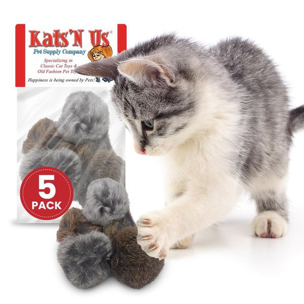 Kats'N Us Interactive Real Rabbit Fur Pom Pom Cat Toys - Set for Cat Entertainment, Training, and Play - 5 Pack
