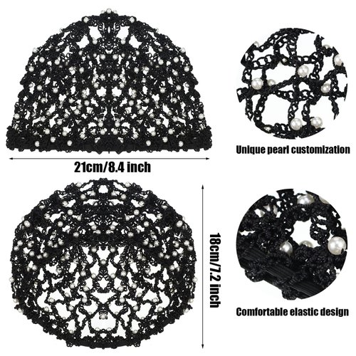 MTLEE 2 Pieces Snoods for Women Hair Mesh Crochet Hair Net with Pearl Rayon Hairnet Hair Wrap Hair Cover Ornament Rayon Knit for Sleeping (Black, Gray)