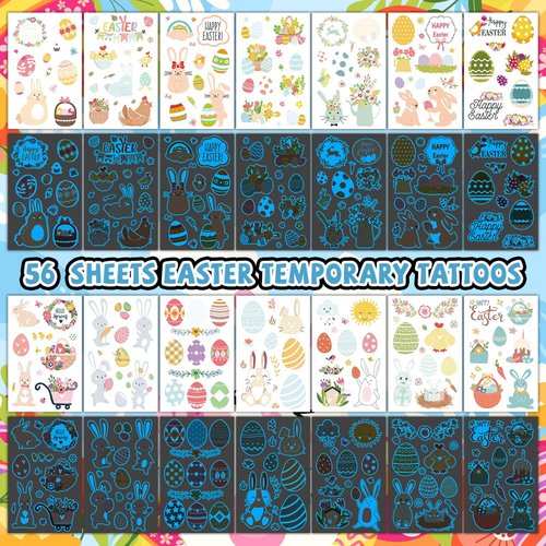 EMOME 56 Sheets Glow Easter Tattoos for Kids, Blue Luminous Temporary Tattoo Stickers Kids for Easter Party Supplies Favors, Easter Temporary Tattoos Egg Fillers Basket Stuffers Goodies for Kids
