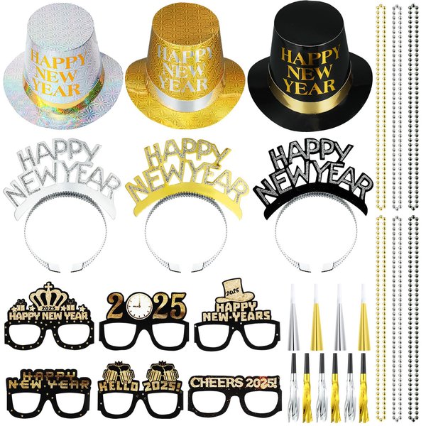 ShinyMatch 39 Pcs New Years Eve Party Supplies 2025 New Year Decorations 12 Noise Makers 3 Black Silver Gold Party Hats 6 Tiaras 6 Necklaces 6 New Year Glasses 6 Horns for New Year Favors(Eve Hat)