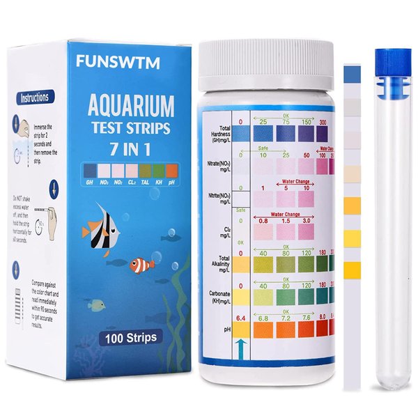 Aquarium Test Strips for Freshwater Fish: 7 in 1 Fish Tank Water Testing Kit for Aquarium Pond - Accurate Testing Nitrate Nitrite Hardness Free Chlorine pH Carbonate Total Alkalinity-100 Strips