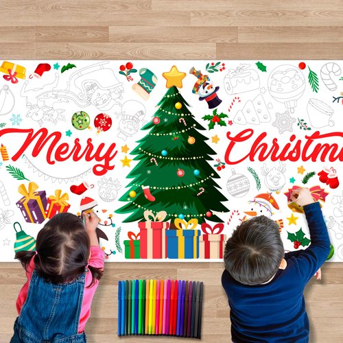 Fruitful Jewelry Christmas Coloring Tablecloth, 1 Pcs Xmas Giant Coloring Poster Christmas Giant Coloring Poster & 24 Pcs Christmas Decor Watercolor Pencils for Christmas Party Decorations
