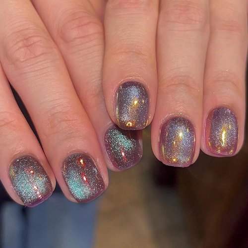 MISUD Press on Nails Short Square Fake Nails Glossy Glue on Nails Blue Ombre Acrylic Nails Purple Chrome Squoval Artificial Nails Bling Glitter Stick on False Nails with Design 24 pcs