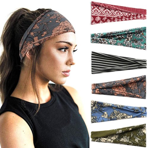 FULZTEY Boho Headbands Fashion Wide Head Bands For Women's Hair Chic Floral Bandanas Elastic Yoga Workout Sweat Headwraps Soft Fabric Hairbands Non Slip Turban Hair Accessories For Teenage Girls 6Pcs