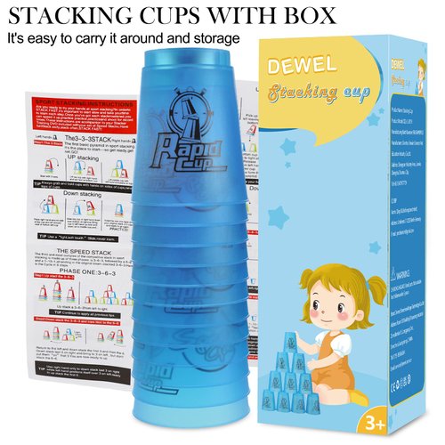 DEWEL Stacking Cup Game with 15 Stack Ways, 24pcs Cup Stacking Set, Sport Stacking Cups BPA-Free Material, Classic Family Game, Great Gift Idea for Stack Games Lover. (Blue & Blue)…