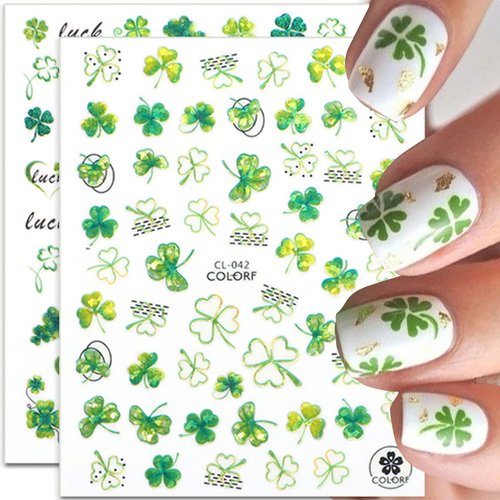 St Patricks Day Nail Art Stickers 3D Laser Shamrock Nail Decals Holographic Green Clover Design Nail Stickers for Women DIY Acrylic Nail Decoration Manicure Tip
