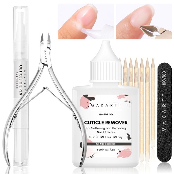 Makartt Cuticle Remover Kit, Nail Care Kit with 50ml Cuticle Softener, Cuticle Trimmer, Cuticle Oil Pen, Nail File & Cuticle Sticks, Manicure Kit for Cuticle Prep & Moisturize Salon Home Use