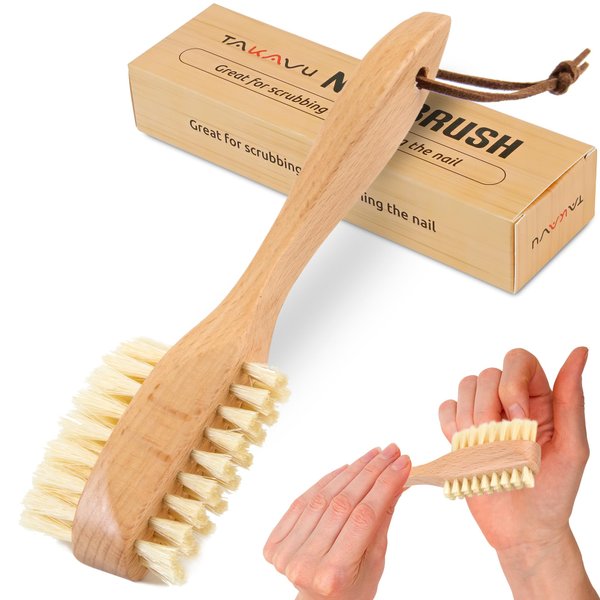 Takavu Nail Brush, Pure Boar Bristles, Natural Wood Handle, Nail Cleaning Brush for Scrubbing Fingernail Toenail Hand Feet, Dual Sided for Regular Manicure Nail Care Hygiene