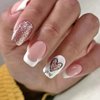 French Tip Press on Nails Valentine Medium Square Fake Nails Pink Glue on Nails with Pink Heart and Glitter Designs False Nails 24 Pcs Acrylic Stick on Nails for Women Girls