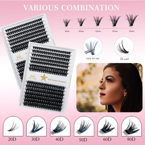 Q&D LASH Extension Kit,Cluster Eyelash 280 pcs,D Curl 8-15mm Length Individual Eyelashes Extension,Bond and Seal, Lash Remover,Tweezer and Brush Set, Lash DIY Apply at Home (HM80D, D 0.07 MIX8-15MM)
