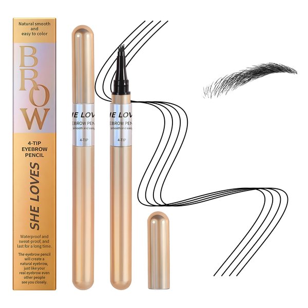 Magic Eyebrow Pencil, 2024 New 3D Microblading Waterproof Eyebrow Pencil, Natural Makeup Fine Stroke Magic Eyebrow Pencil with 4 Micro-Fork Tip for Women(Black)
