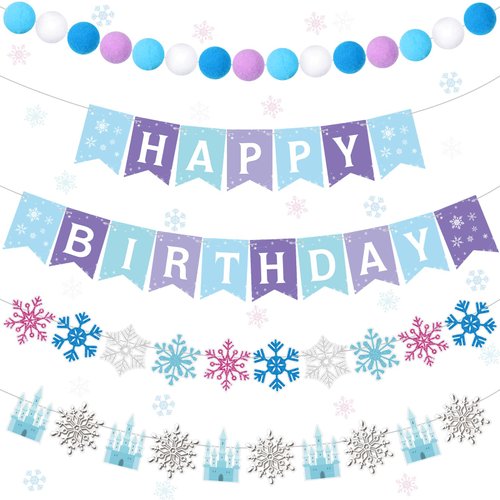 Fanfanwin 5 Pcs Snowflake Happy Birthday Banner Blue Snowflake Banner with Felt Snowflake Castle Decorations Winter Holiday Party Decorations Holiday Banner for Birthday Party Christmas