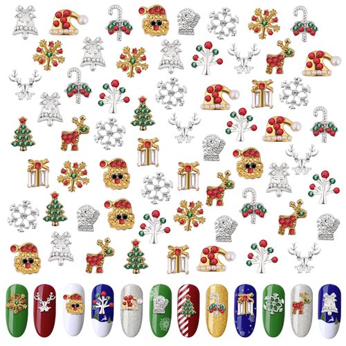 60PCS Christmas Nails Charms, Lorvain 3D Xmas Alloy Charms for Nails Snowflake Christmas Tree Nail Rhinestones Elk Santa Metal Nail Art Diamond Gems for Christmas Nail Art Decoration