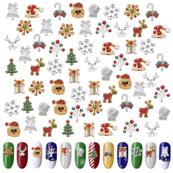 60PCS Christmas Nails Charms, Lorvain 3D Xmas Alloy Charms for Nails Snowflake Christmas Tree Nail Rhinestones Elk Santa Metal Nail Art Diamond Gems for Christmas Nail Art Decoration
