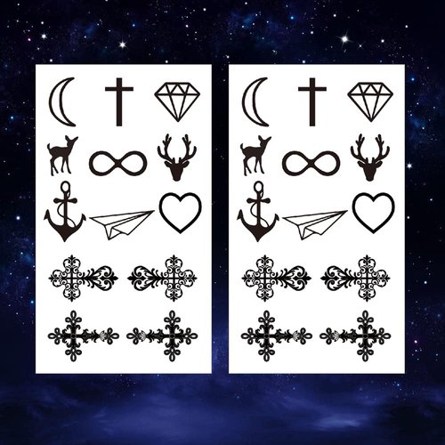 Oottati 2 Sheets Waterproof Small Cute Fake Hand Neck Finger Temporary Tattoos Stickers Cross Heart Deer Anchor Moon Diamond Totem