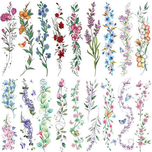 Tazimi Watercolor Temporary Tattoos For Women Girls-24 Sheets Colorful Flower Lavender Rose Vine Forget-me-not Plum Blossoms Wild flowers Realistic Waterproof Tattoo Stickers Body Art