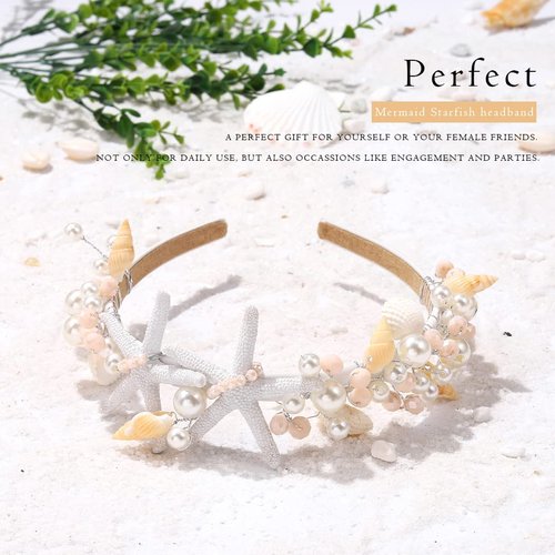 Kesvb Starfish Headband Silver Bride Pearl Hair Band Sea Shell Headpiece Beach Wedding Hair Accessories for Women and Girls
