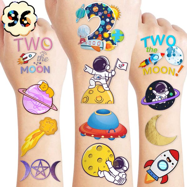 Two the moon 2nd Birthday Temporary Tattoos - Space Adventure with Astronauts and Galaxy Theme - 91PCS Tattoos for Kids' Birthday Party, Decorations, Favors, and Gifts