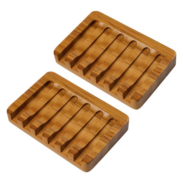 SAMEBUTECO Set of 2 Teak Wood Soap Dishes with Sloped Drain | Bar Soap Holder for Shower, Bathroom Sink, Kitchen | Natural Wooden Soap Saver Tray with Quick-Dry Grooves