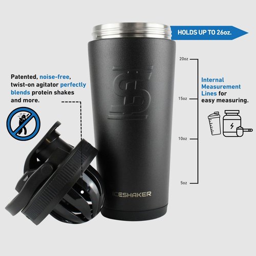 Ice Shaker 26Oz Black Stainless Steel Protein Shaker, Leak-Proof, Insulated Reusable Gym Water Bottle, As Seen on Shark Tank
