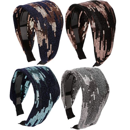 LONEEDY 4 Pack Wide Hard Headband with Teeth for Women, Girls’s Hair Band Pleated Cloth Fabric Hair Hoop Accessories (Sequins)